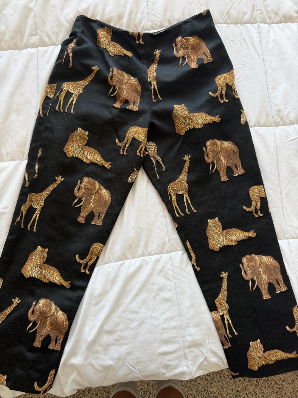Sharon Endick Kate Black Animal-Print Pants with Gold Safari Motif